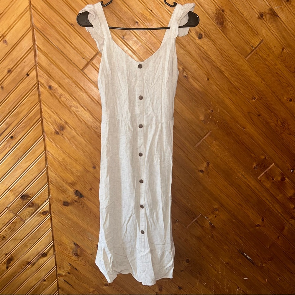 Oat colored linen blend Button-Down Summer Dress small